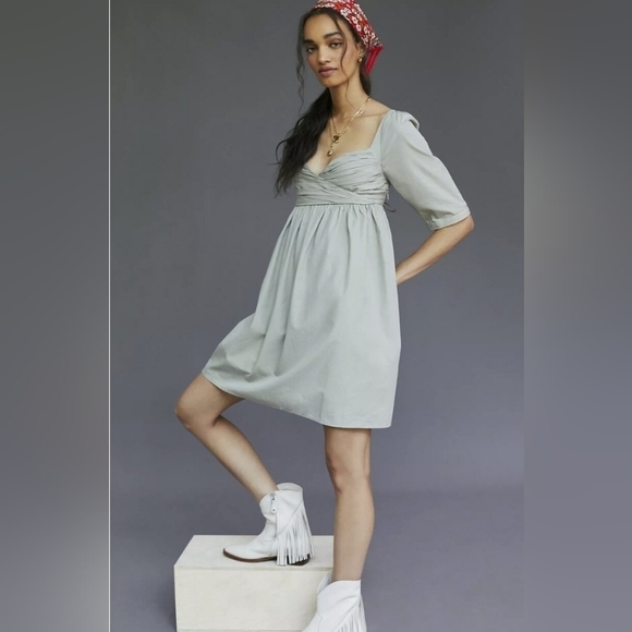 ANTHROPOLOGIE RUCHED PUFF-SLEEVE BABYDOLL MINI COTTON DRESS 2X - Picture 1 of 14